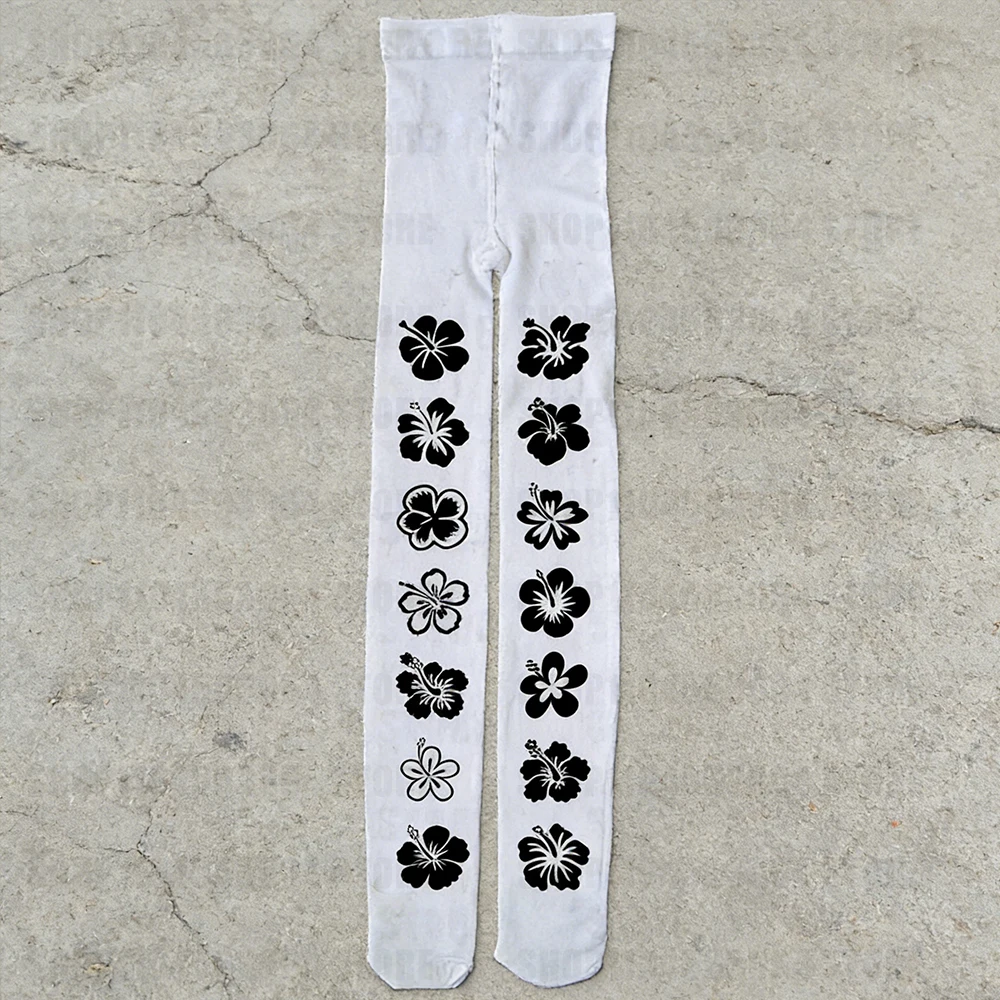 

Женские белые колготки с цветочным принтом Y2K, с черным принтом, простые, универсальные, на каждый день, в готическом стиле, в стиле Лолиты
