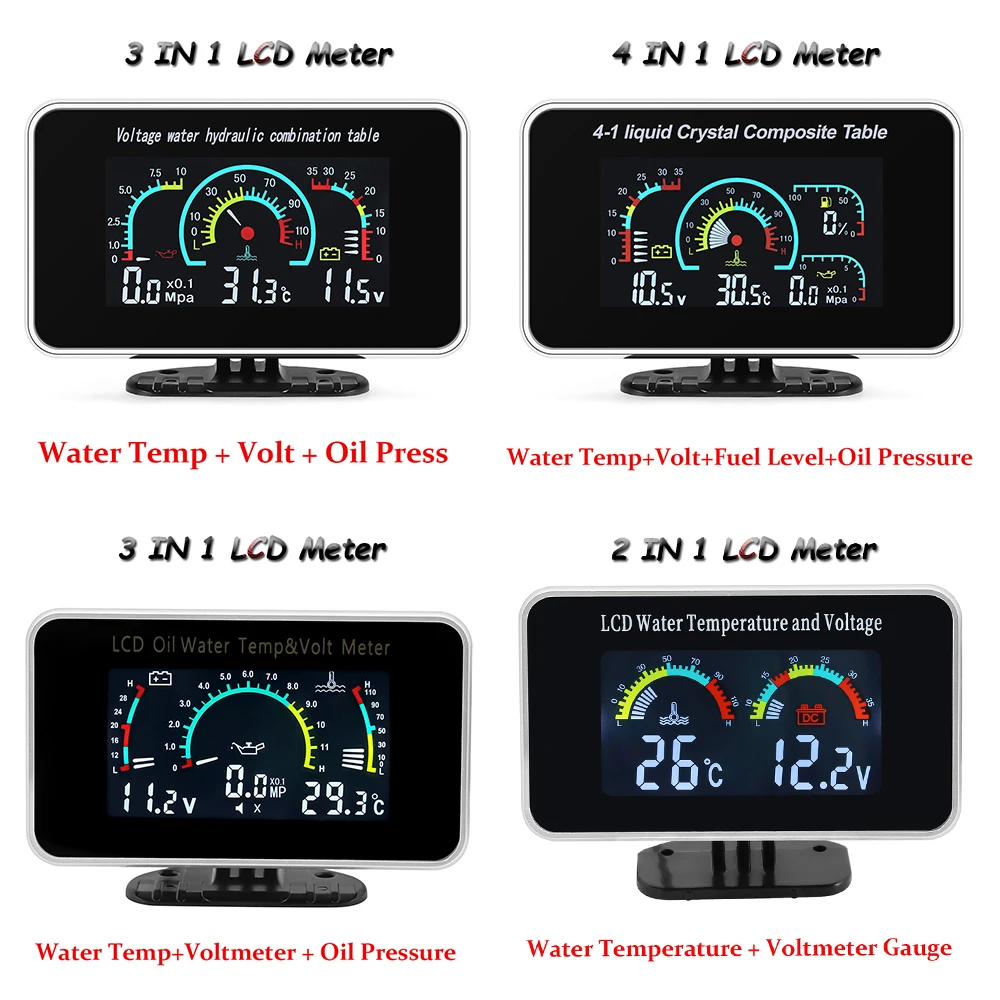 Multi-functional Car Truck LCD Meter 12v Digital Voltmeter / Water Temperature Gauge/RPM Tachometer/Oil Pressure Gauge 1/8NPT