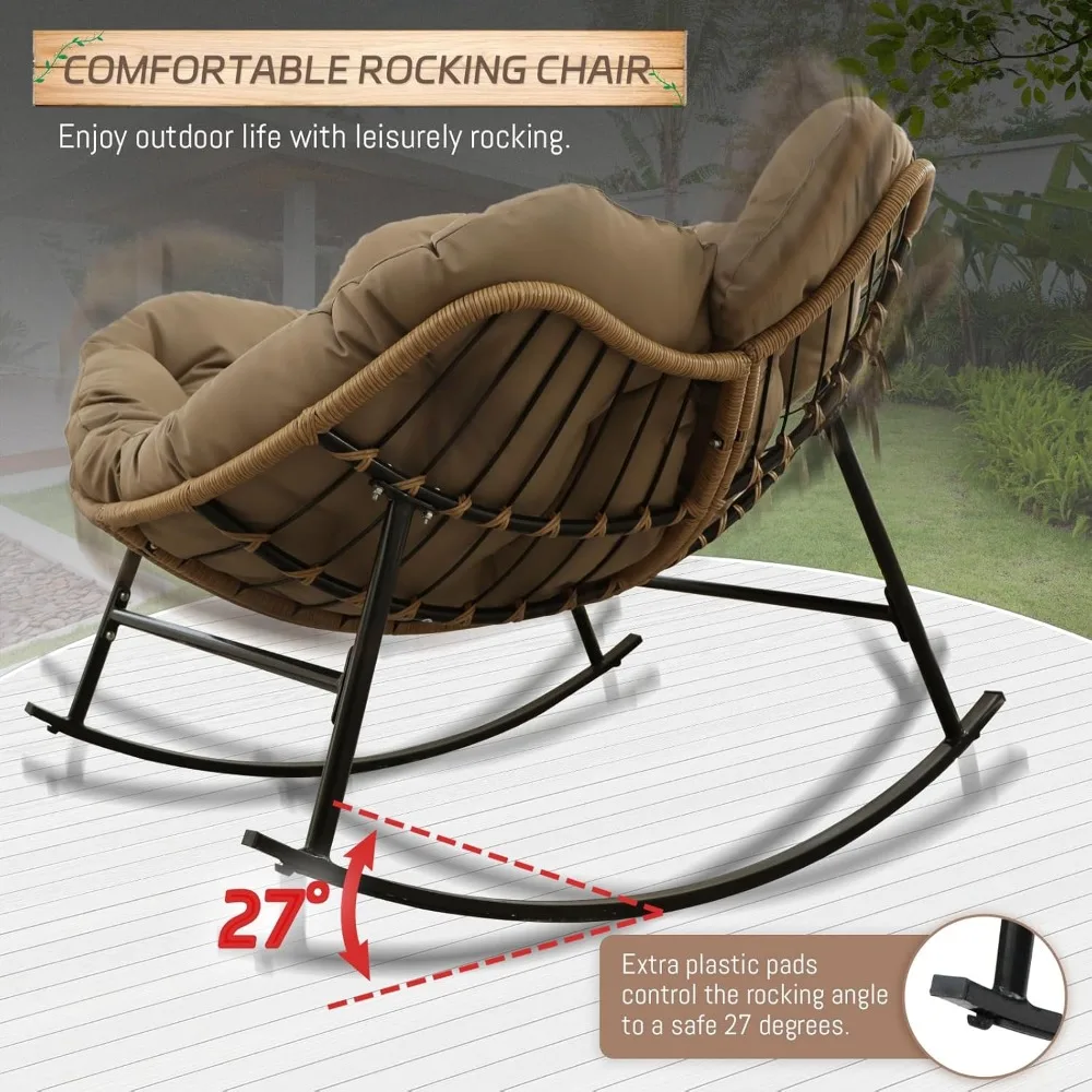 Outdoor Papasan Rocking Chair with Padded Cushion, Oversized PE Rattan Comfy Royal Rocking Lounge Chair, Comfy Patio Egg Chairs
