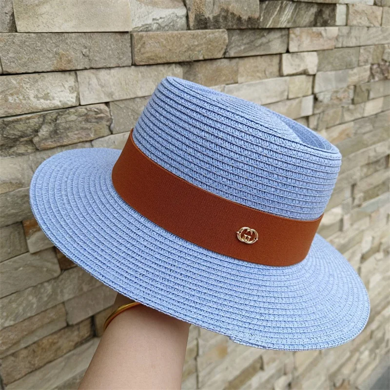 Women\'s Hat Summer Straw Hat Elastic Ribbon Flat Top Men\'s and Women\'s Straw Hat Sun Hat Beach Hat Rose Red Flat Top Straw Hat