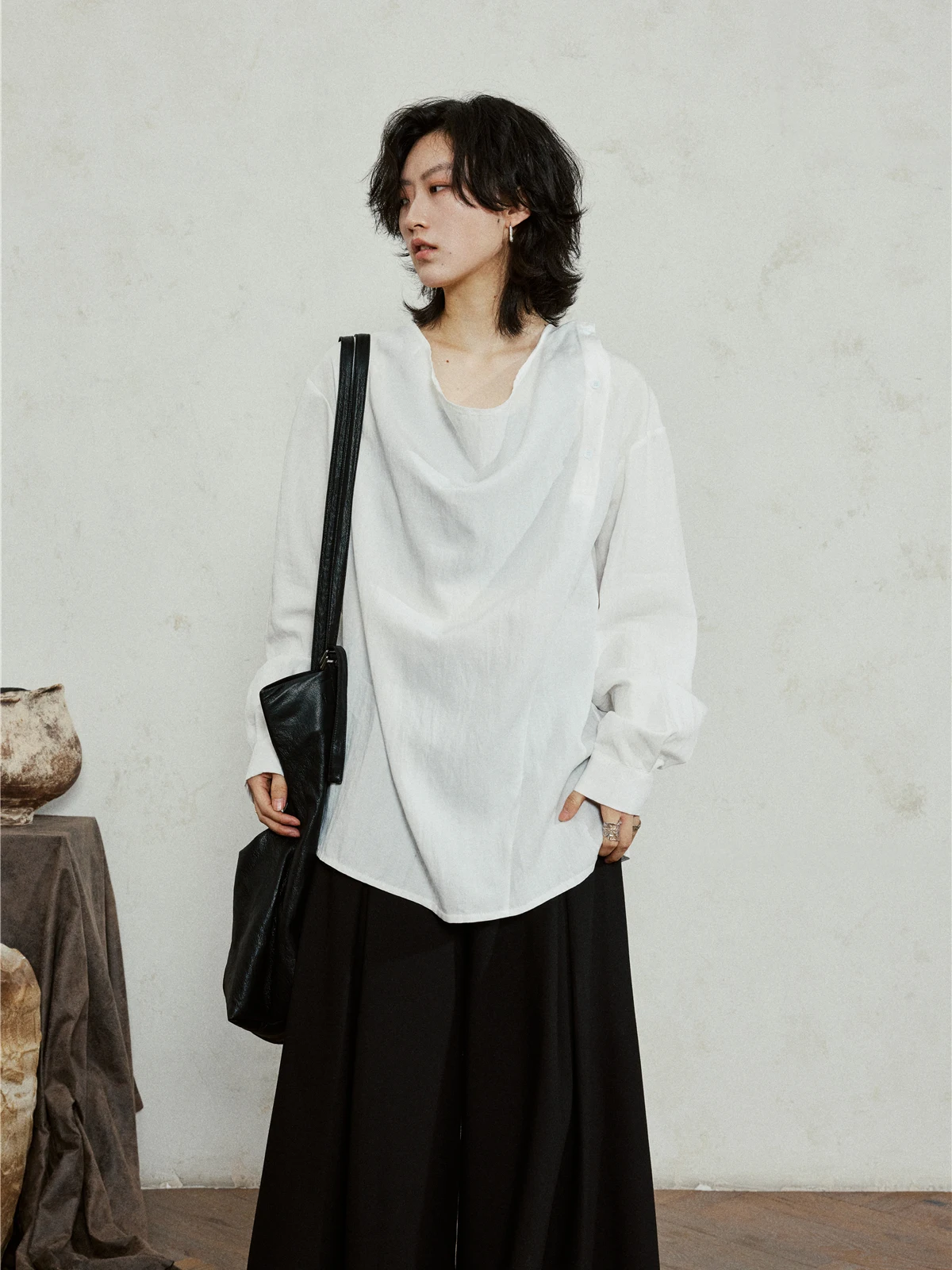 

SUNYVONNE Simple Cotton Linen Long Sleeve Loose Neck Ribbon Shirt Women's Casual Summer Tops Comfortable Lazy Style