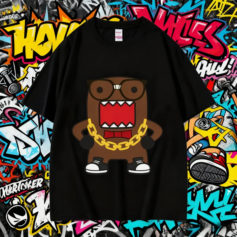 

2025 Summe O-Neck Fashion Quality T-Shirt Breathable Face Domo Kun Funny Meme Women 100% Pure Cotton Printed Leisure T-shirt Y2k