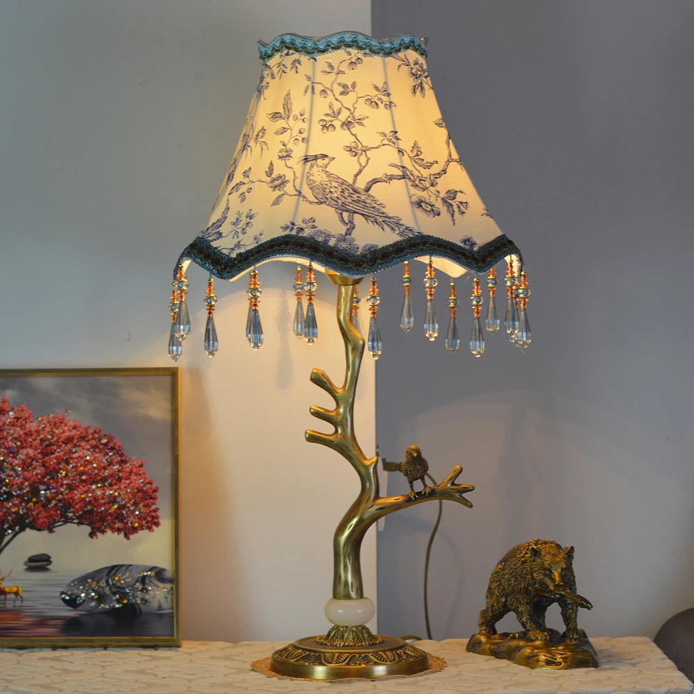 

French retro study new Chinese all-copper American fabric desk lamp bedroom bedside lamp European living room home decoration