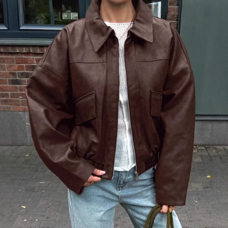 TARUXY Vintage Zipper PU Leather Jacket Women's Fashion Turn-Down Loose Long Sleeve Spliced Pocket Solid Coat Autumn Street Coat