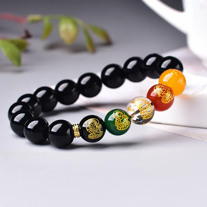 Feng Shui Gift Five Elements God of Wealth Obsidian Bracelet for man and women Handmade good Lucky Amulet Jewellery