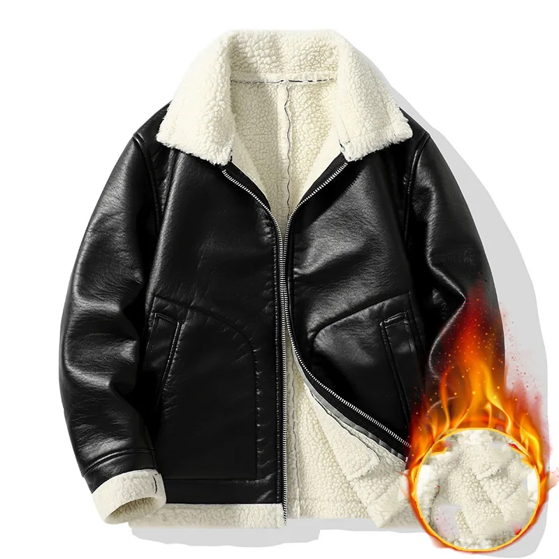 

Man Leather Jacket Winter Thicken Fleece Contrast Color Male Outerwear Turn Down Collar Long Sleeve Zipper Pocket Men Coat