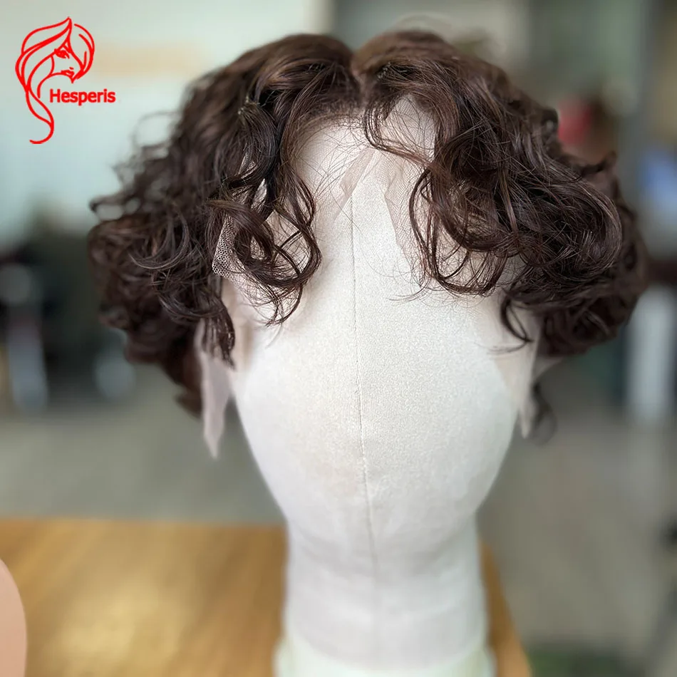 

Hesperis Male Short Curly Pixie Cut Human Hair Wig for Men13x6 Lace Front Human Hair Wigs Loose Curly Hairpiece Short Bob Brown