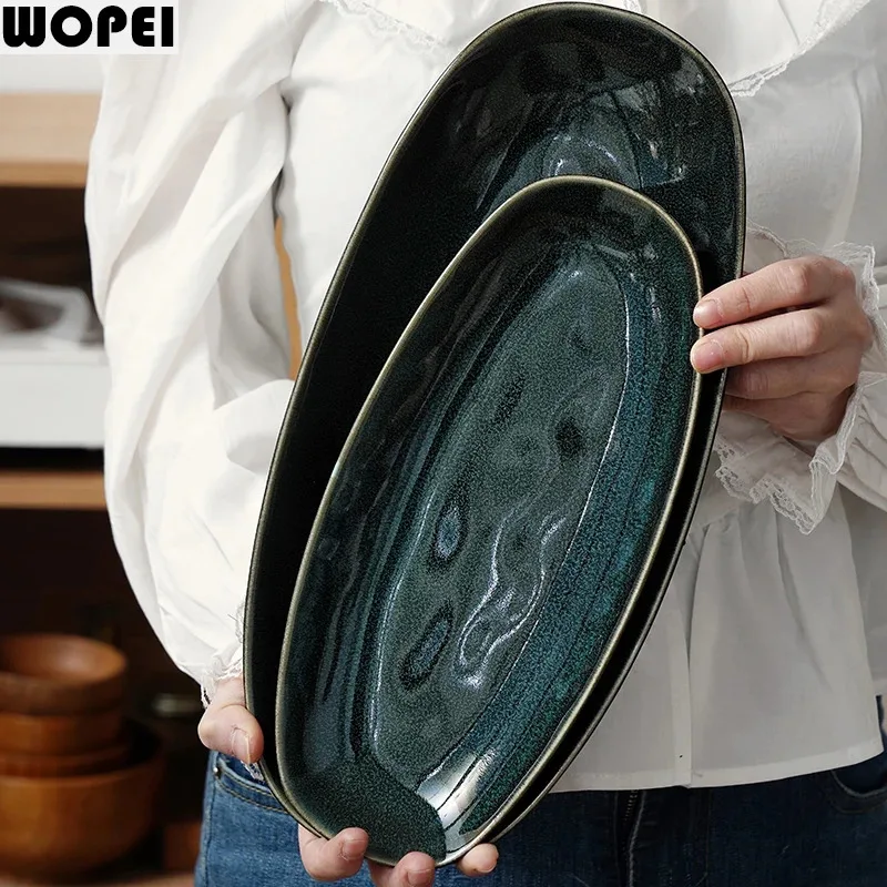 Flame-Killed Ceramic Fish Plate Oval Sushi Sashimi Plate Dessert Pastry Plate Serving Plates Molecular Cuisine Tableware