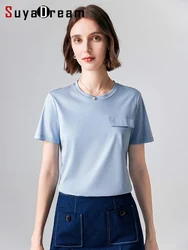 SuyaDream Women Solid T Shirt Real Silk Cotton Blend Round Collar Chest Pocket Summer Tee 2024 New Tops Blue Red