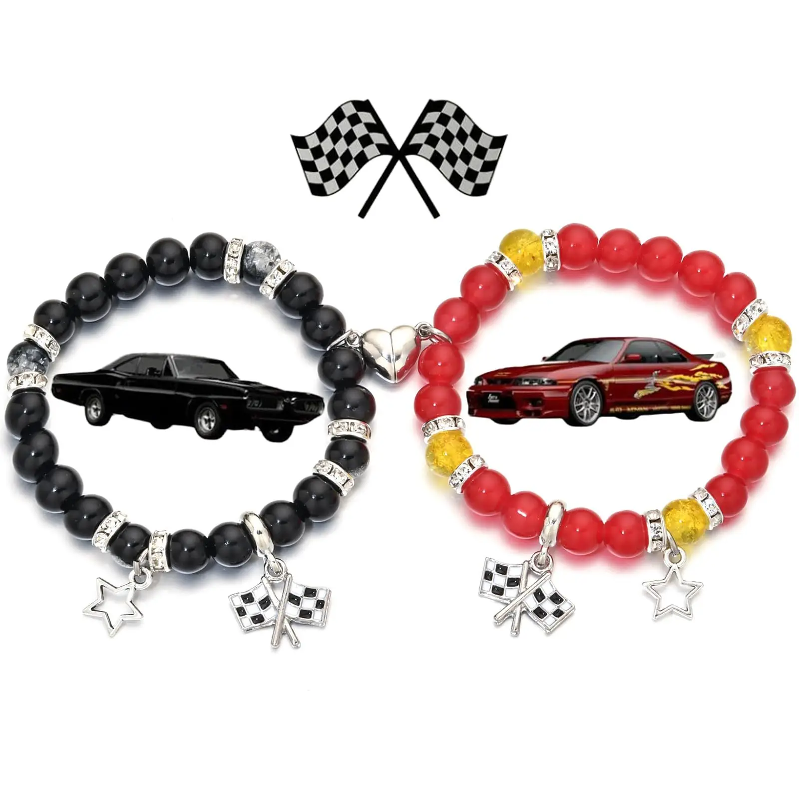 2PCS/set Fast And Furious Flag Matching Bracelets For Couples Bracelets Cool Race Car Victory Banner BFF Beaded Bracelet Jewelry