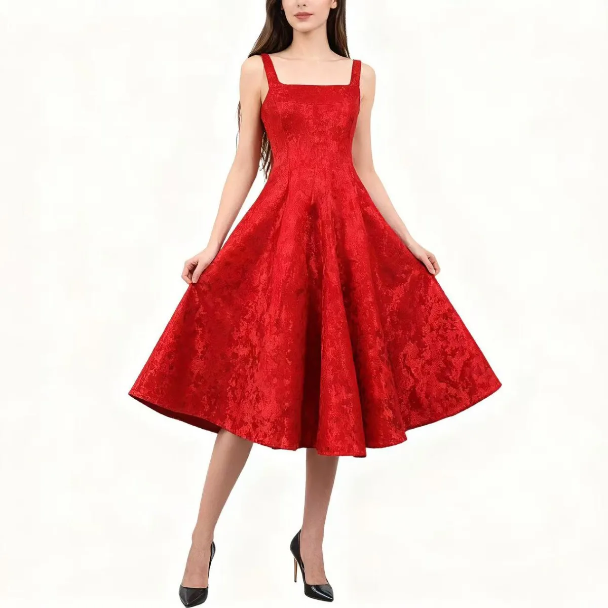 Ele 2025 New Women's Slimming Floral Embroidery Par Dr High Waist A-Line Midi Dr Svel Zipper Closure