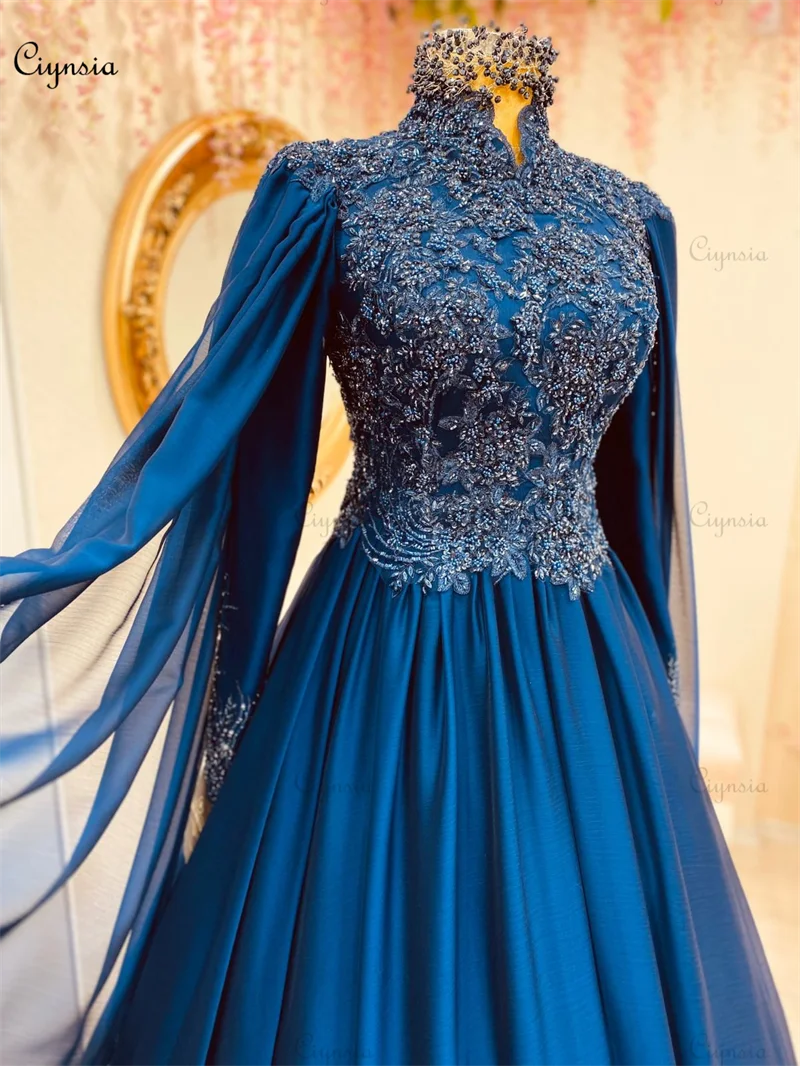 Ciynsia Royal Blue Formal Dress A-Line Robe De Soirée De Mariage Lace Beads Muslim Hijab Evening Gowns Long Sleeves Prom Dresses