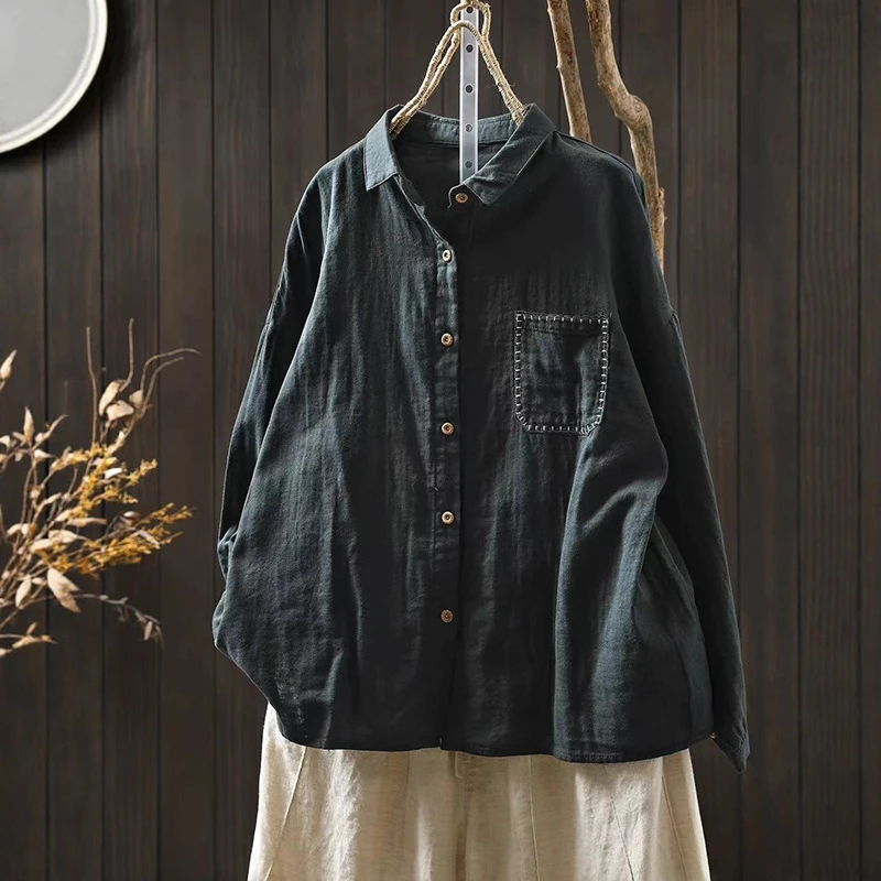 

Женская рубашка с длинным рукавом из 100% хлопка, Новое поступление, осень 2025, простой стиль, однотонные свободные женские повседневные топы, рубашки T737