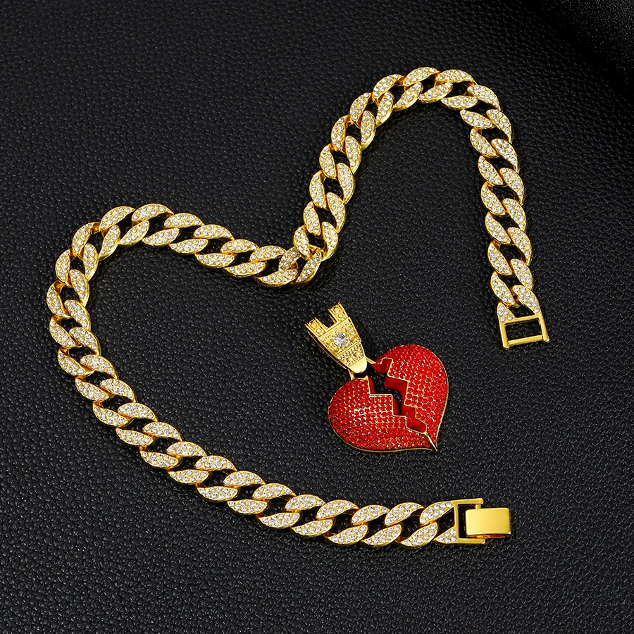 Iced out 15mm miami cuban chain jewelry alloy and rhinestone hip hop red heart pendant necklace