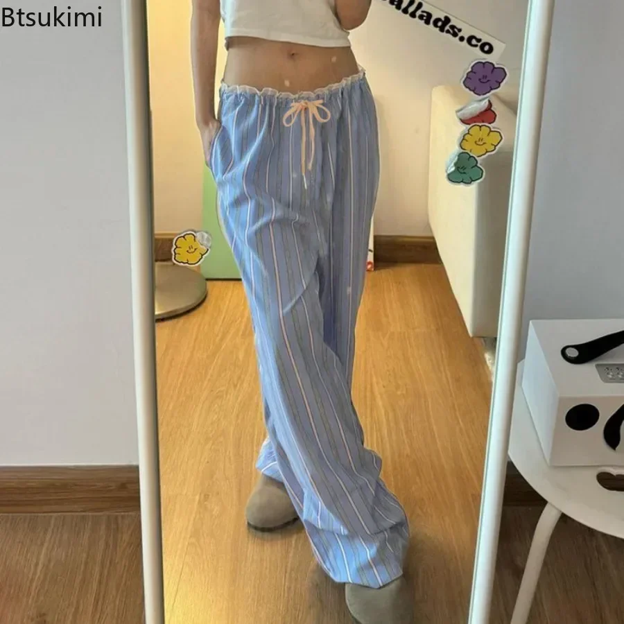 2024 Japanese Style Sweet Cute Lace Splice Casual Trousers Women's Fashion Striped Loose Drawstring Straight Leg Pant Streetwear