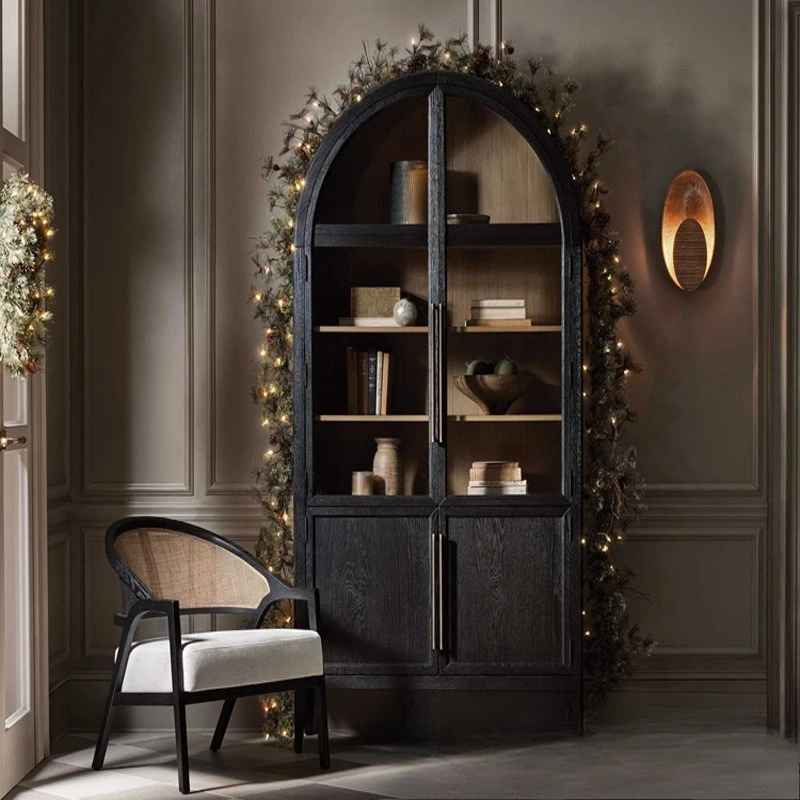 

American Country Solid Wood Door Bookcase French Retro Black Glass Door Storage Side Cabinet Arched Study Bookshelf