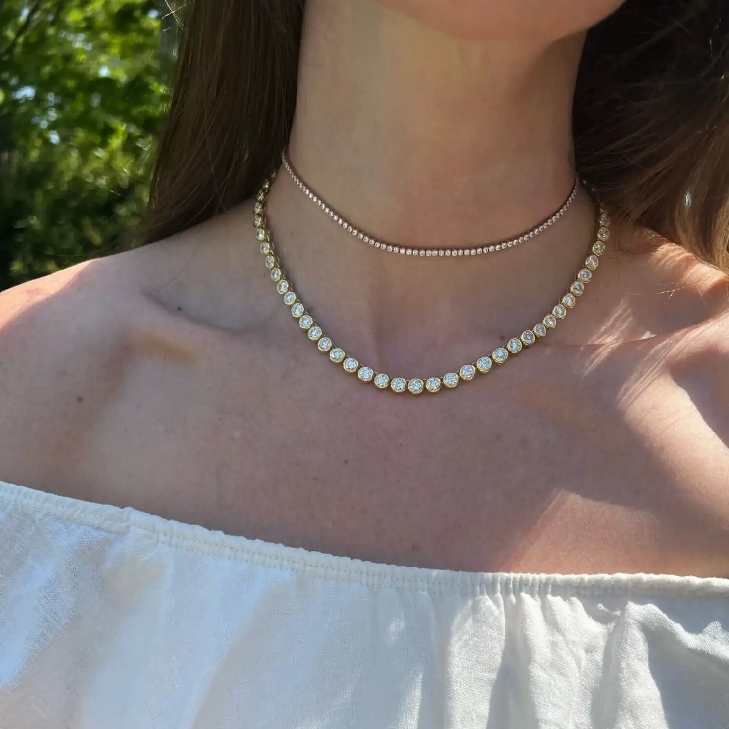 3MM Round Bezel Setted CZ Tennis Chain Geometric Choker Necklace For Women Iced Out Luxury Jewelry