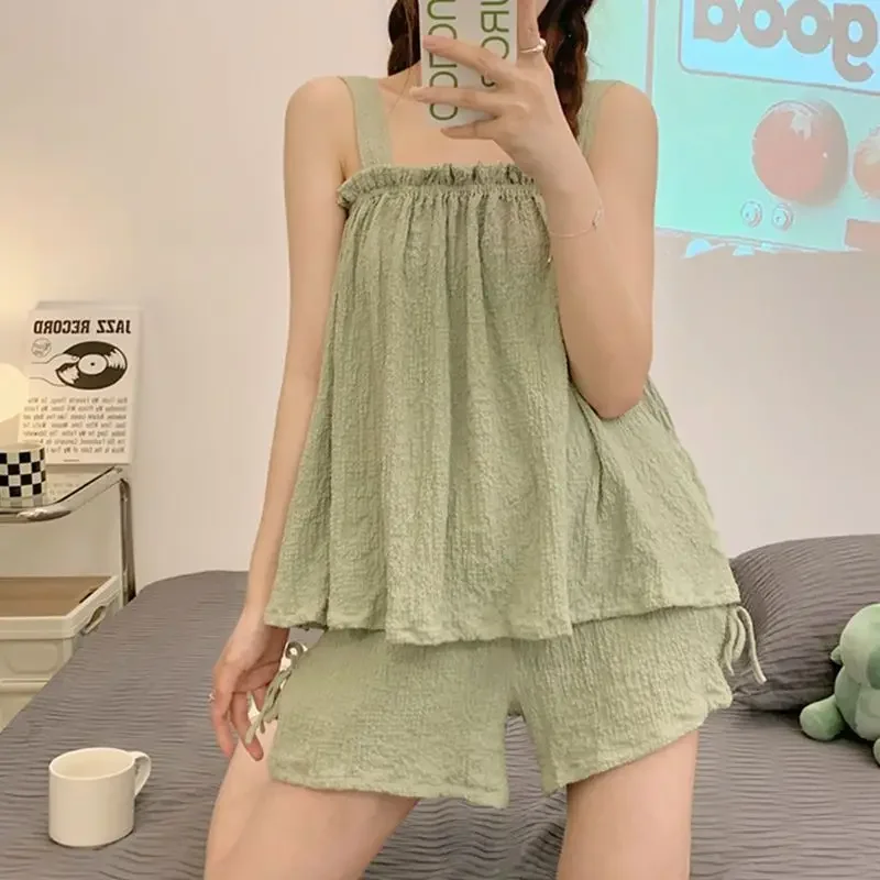 Women Pajama Sets Pure Color Simple Basic Sleepwear Lovely Schoolgirls Trendy Japan Style Cozy Summer Lounge Sleeveless Design