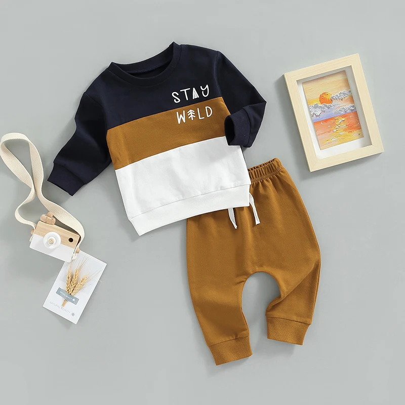 Infant Baby Boys Fall Clothes Outfits Casual Tracksuits Long Sleeve O Neck Patchwork Sweatshirts Drawstring Pants Boy Sets 0-24M