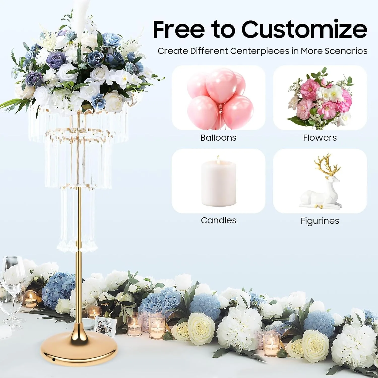 حامل زهور الزفاف مكون من 4 طبقات بطول 32 بوصة حامل عرض أكريليك كريستالي ذهبي طويل القامة عرض قطع مركزية أنيقة لحفلات الزفاف