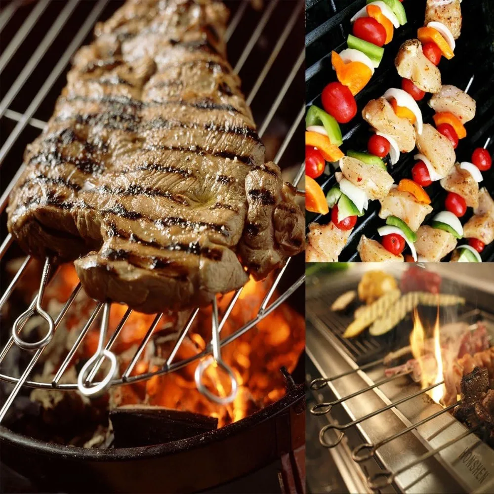20pcs Reusable Stainless Steel Barbecue Skewer 20/25/30cm Kabob Skewers Roast Goose Needle Ringed BBQ Skewers Outdoor