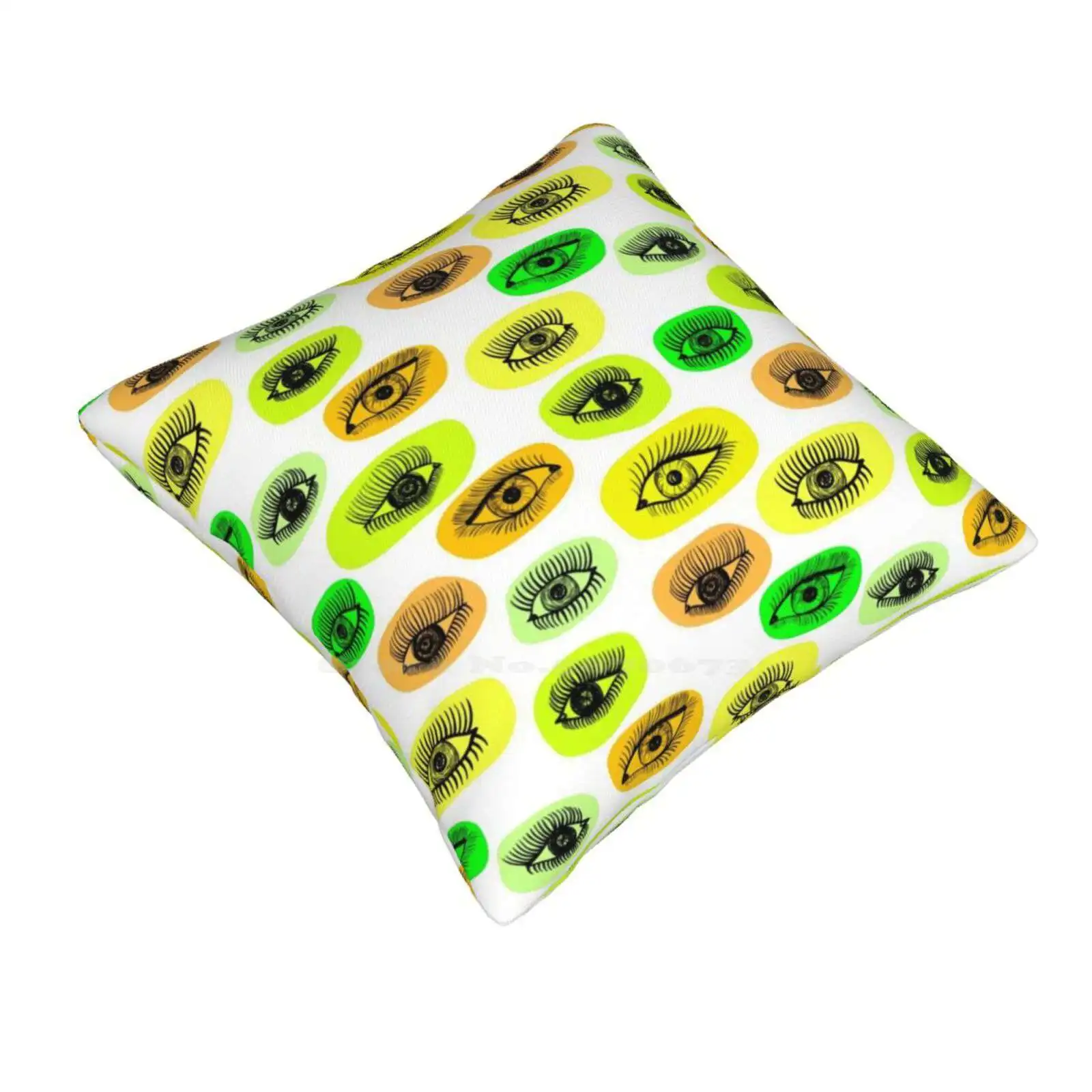 Eyes Motive Funny Cute Decor Square Pillowcase Chaotic Wallpaper Green White Ornament Collage Line Yellow Vector Orange Stencil