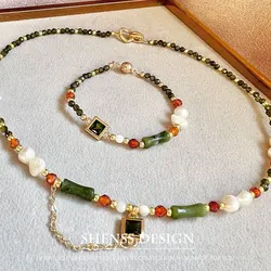 Temperament Ontwerp Natuurlijke Barok Parel Ketting Armband Groene Zirkoon Aangepaste Sieraden Voor Vrouwen