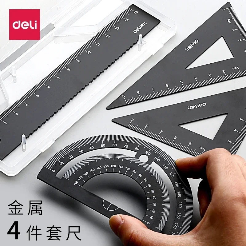 4 pcs/Set Square Triangle Ruler Aluminum Alloy Protractor Set Drawing School Supplies 5 Colors Available