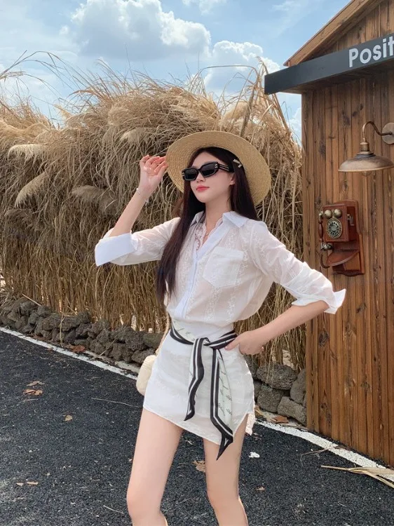 

plus Size Women's Lace Patchwork Long Sleeve Shirt High Waist Bodycon Skirt Two Piece Set Summer New Style Korean Version Sli...
