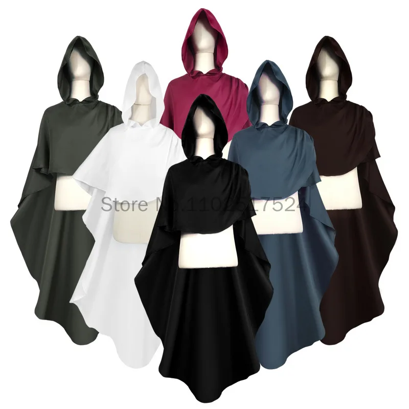 Unisex cavaliere medievale Pagan Cosplay mantello con cappuccio rinascimentale solido irregolare lungo mantello Halloween Carnival Party abiti gotici