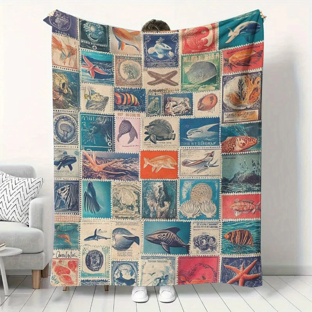 Coastal Patchwork Flannel Blanket Suitable for Sofa Bedspread, Bed Cover, Airplane Throw - Soft Warm Bedspread with Multicolor C