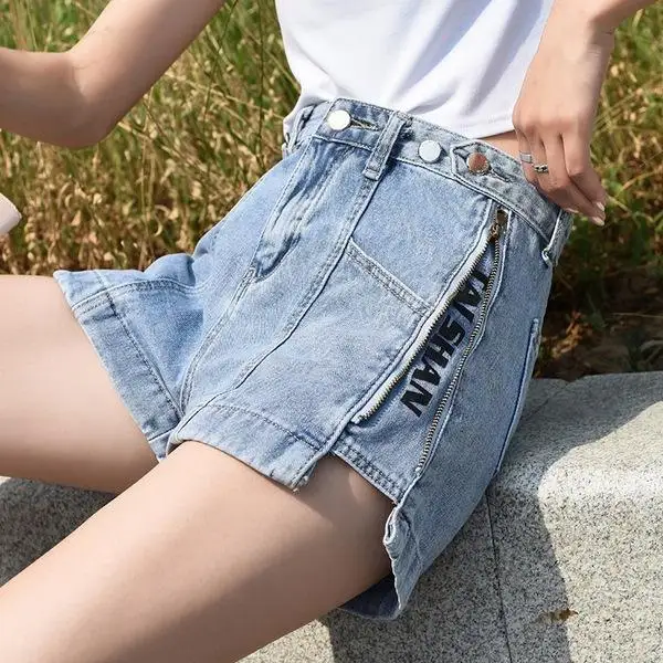 

High Waist Side Zipper Denim Shorts Women's Loose Wide Leg Summer New Style Student High Waist Slimming Hot Pants
