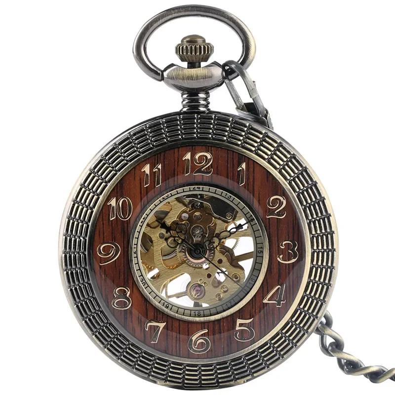 Bronze Skeleton Mechanical Hand Winding Pocket Watch for Men Women Roman Numerals Display Half Hunter Pendant Chain Timepiece