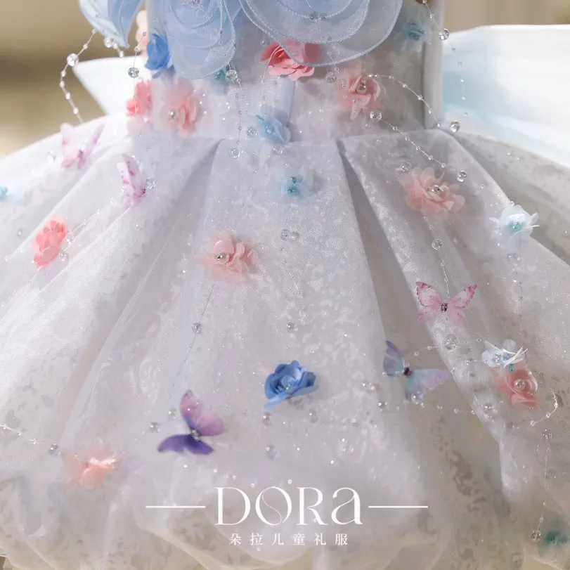 Kinder-Feenprinzessin-Kleid, kurzes Ballkleid mit 3D-Blumen, Tüllkleid mit bunten Blumenapplikationen für Mädchen, Hochzeit, Geburtstagsfeier A5102 – Detail 7