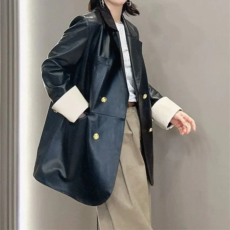 Retro preto jaqueta de couro do plutônio das mulheres outono versão coreana solto casual pequena fragrância estilo cor bloqueada terno para outerwear