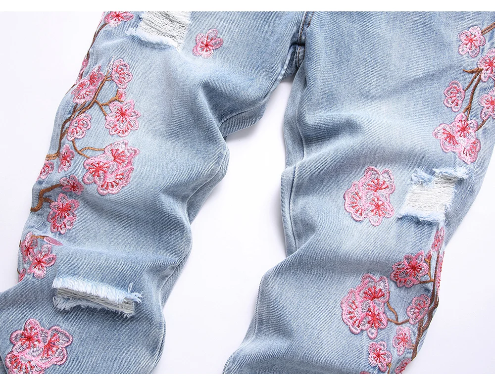 Herren-Jeans mit Sakura-Stickerei, Streetwear, Boot-Cut-Hose, ausgestellter Saum, ausgestellte Hose mit Rissen und Kirschblüten-Design – Detail 19