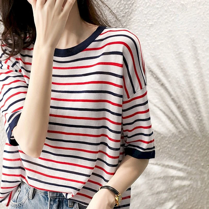 Knitted T-shirts Women Fashion Ice Silk Short Sleeve Tops Summer Trend Thin Loose T Shirt Breathable Striped Tshirt Y2k Clothes