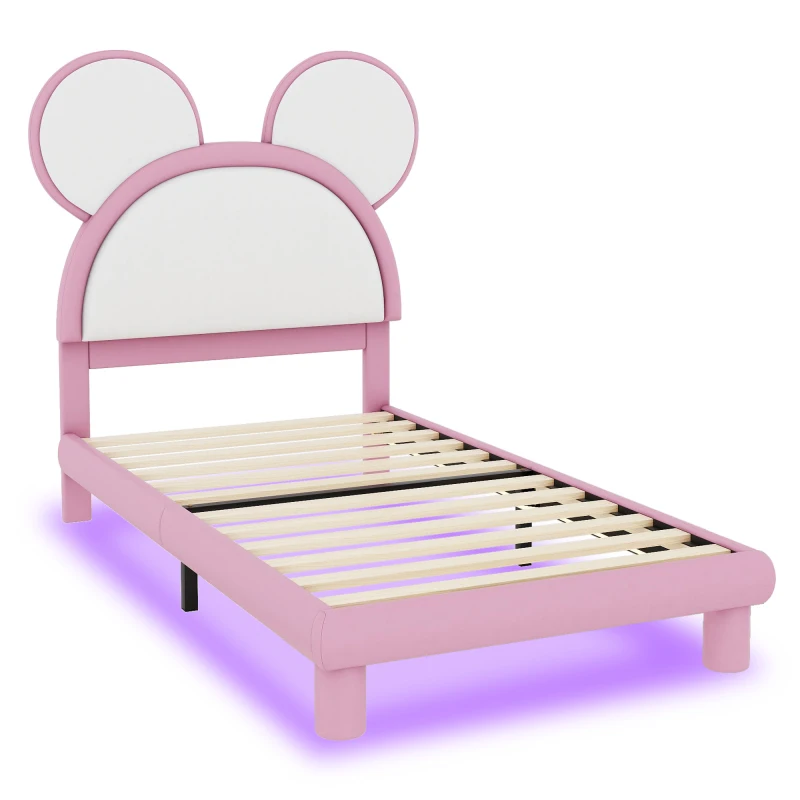 Estofados Plataforma Cama com Cartoon Orelhas Em Forma Cabeceira, LED, Branco e Rosa, Twin Tamanho