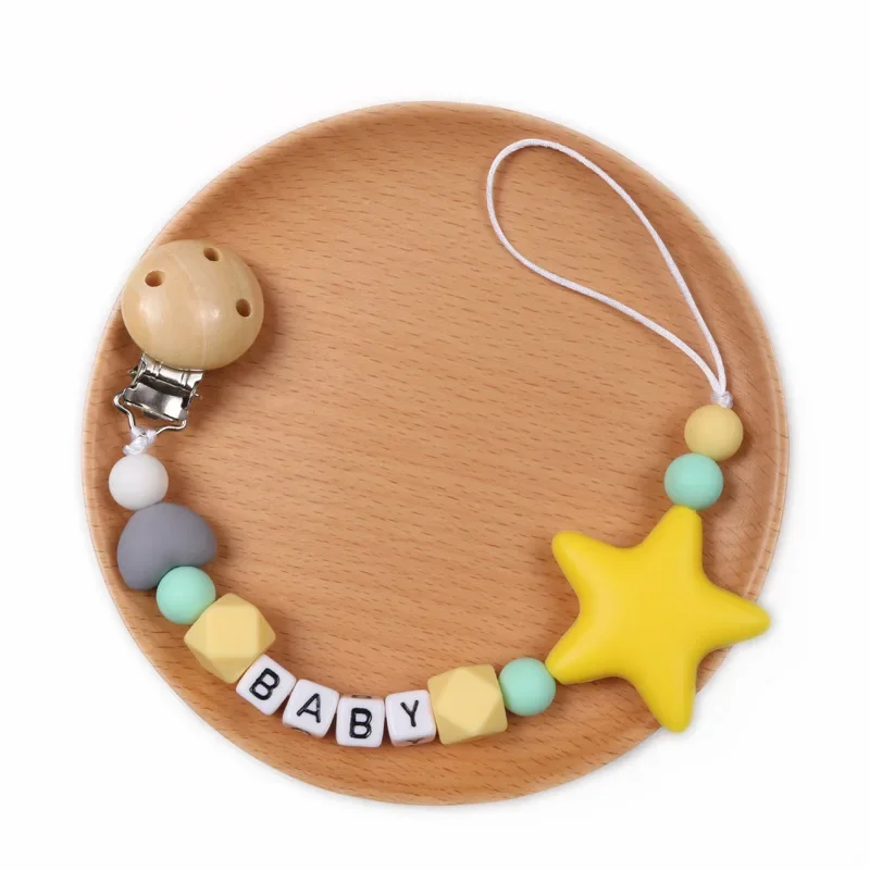 Personalized Name Baby Handmade Pacifier Clips Silicone Safe Teething Chain Infant Pentagonal Star Gum Nipple Dummy Holder Clip