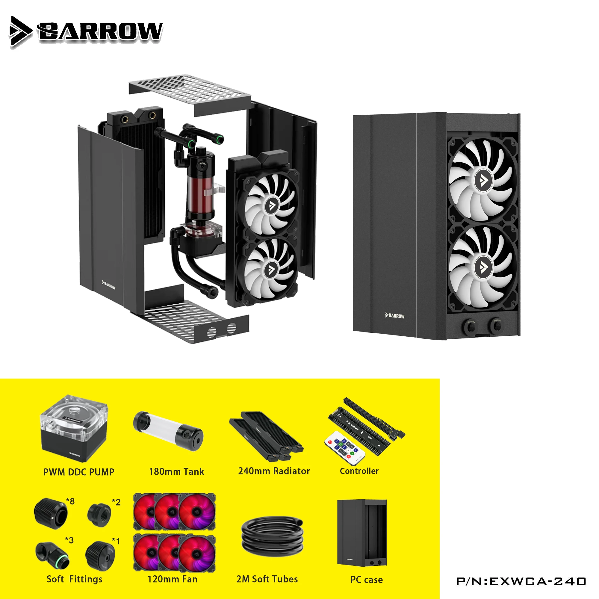 Barrow External Water Cooling Dock ITX Case Supports Dual 240 360mm Radiator+DDC Pump Tank+FAN+Soft tube Fitting ARGB EXWCA