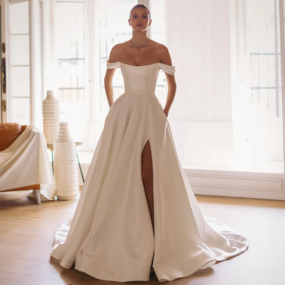 

Elegant Satin A-Line Wedding Dress Off the Shoulder Short Sleeves Sexy Side Slit Floor Length Bride with Sweep Train Gowns Robe