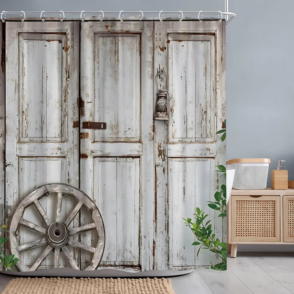 Retro Rustic Wooden Doors Shower Curtains Vintage Farmhouse Barn Old Door Home Decor Waterproof Polyester Bathroom Curtain Set