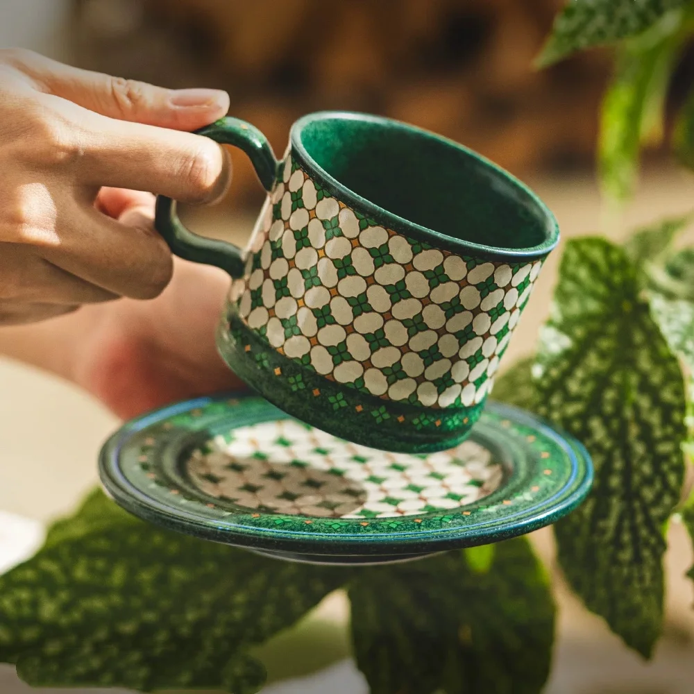 220ml Vintage Printed Ceramic Coffee Cup and Saucer Set Retro Geometric Floral Print Tea Cup Set