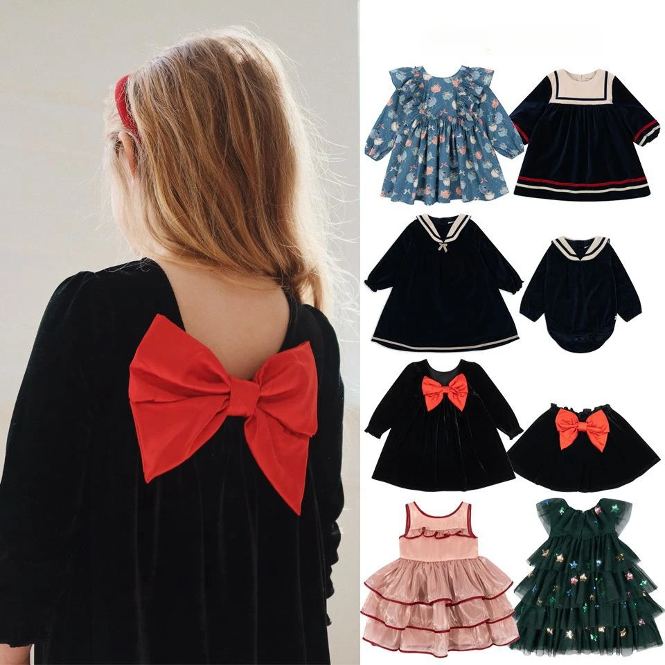 

Children' s Clothes 2025 New Spring Summer Korean Baby Girls Bow Princess Christmas Bow Party Dress Kids Outdoor Clothings