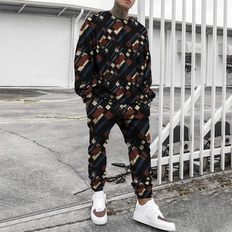 Fashion Line 3D Print Men\'s Sportswear Set  Street Wear Long-Sleeved T Shirt Pants 2-Piece Set Oversized Pullover Men Clothing