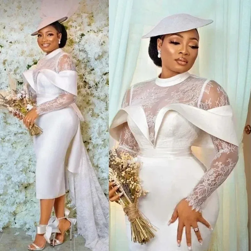 2026 فساتين زفاف بيضاء قصيرة حورية البحر دانتيل كم طويل طول الشاي ساتان كلاسيكي نسائي أفريقي حفلة موسيقية فستان زفاف مخصص #1