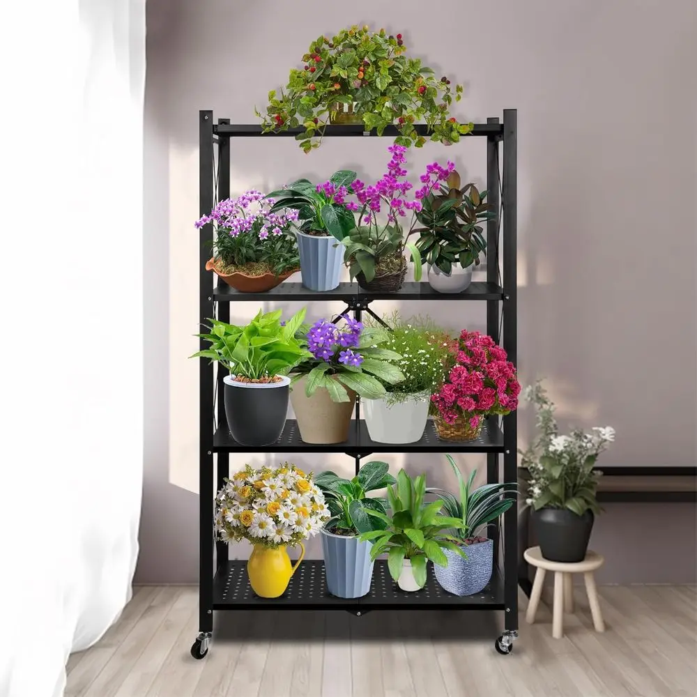 Rak Tanaman Logam Rak Tanaman Lipat Tanpa Perakitan Mudah Dipindahkan Rak Bunga 4 Tingkat dengan Roda untuk Ruang Tamu