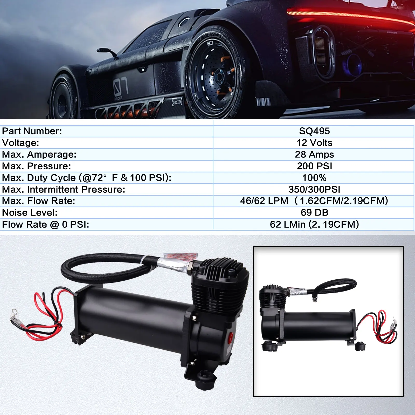 Super Silent 70DB SQ495 DC 12V 300PSI OUTLET 3/8 or 1/4 CARTEEAIR Car Air Suspension Compressor/ Pump Silver / Black