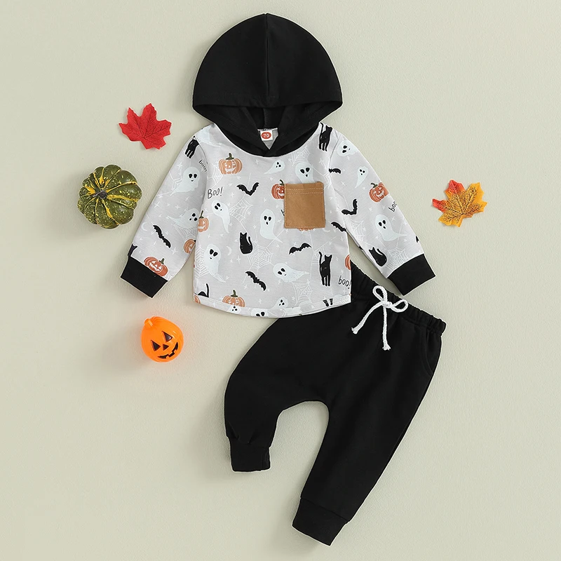 2023-07-31 Lioraitiin 0-3Years Toddler Baby Boys 2Pcs Halloween Set Long Sleeve Ghost Bat Pumpkin Print Top Sweatpants