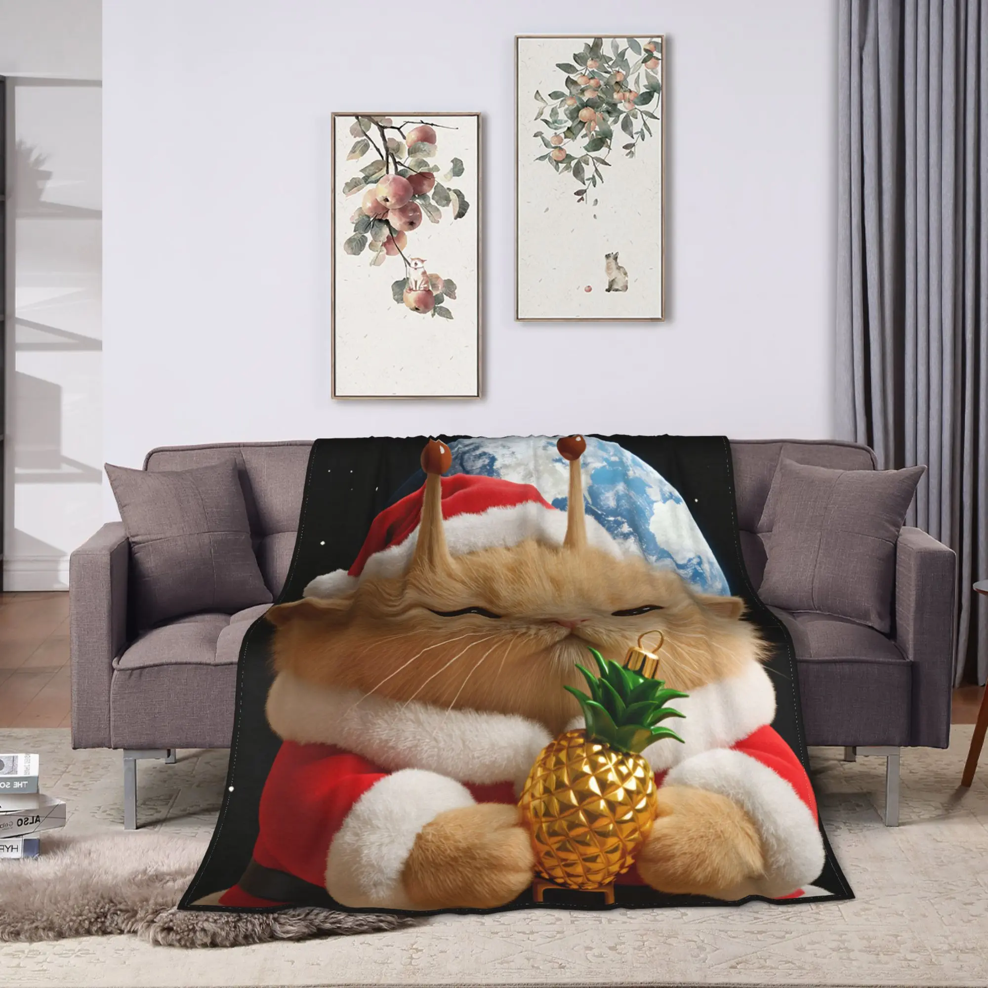 Super Soft Blanket Picnic Funny Christmas Space Cat Throw Blanket Novelty  Bedspread For Sofa Home